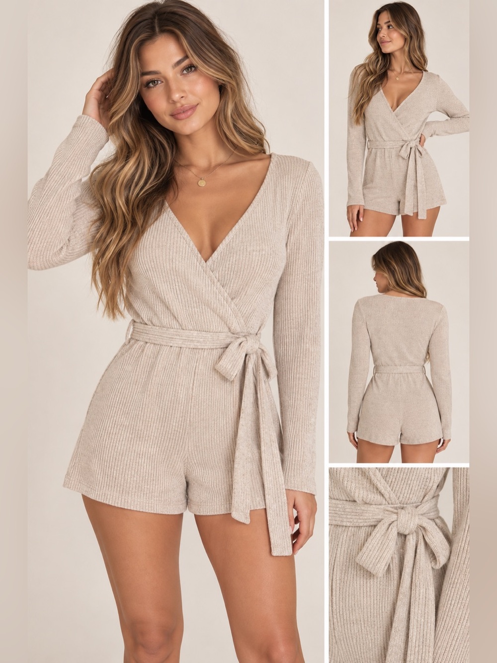 NWT Forever 21 Taupe Beige SOFT Cream Ribbed Wrap Long Sleeve Shorts Romper